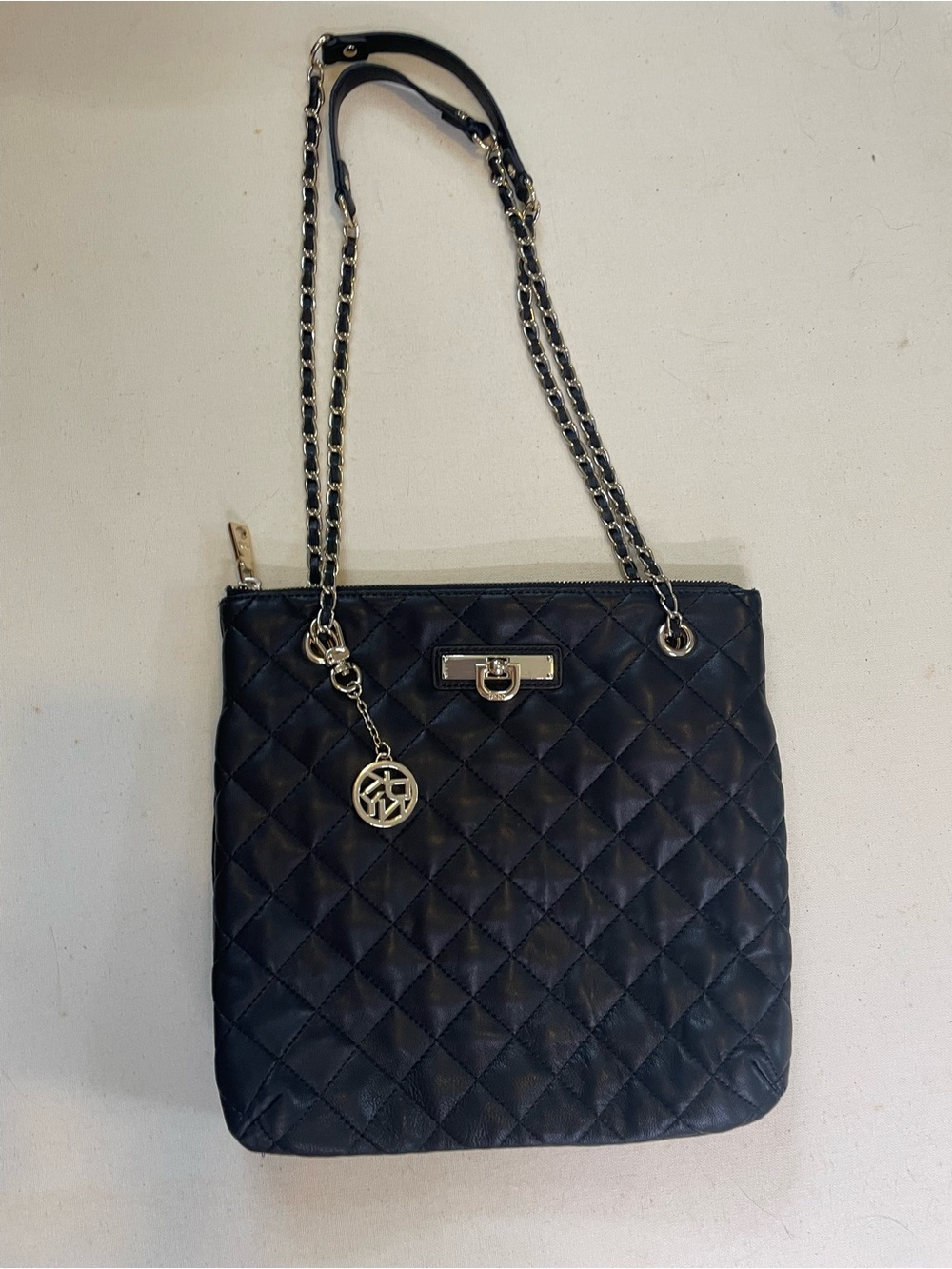 DKNY Genuine Leather Quilted Shoulder Bag, Black, Gold Chain, Dust Bag